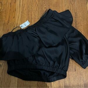 NWT Express one shouldered black satin top with ruffle. New with tag.